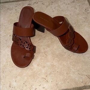 Tory Burch Brown Leather Slide Sandals with Logo Cutout